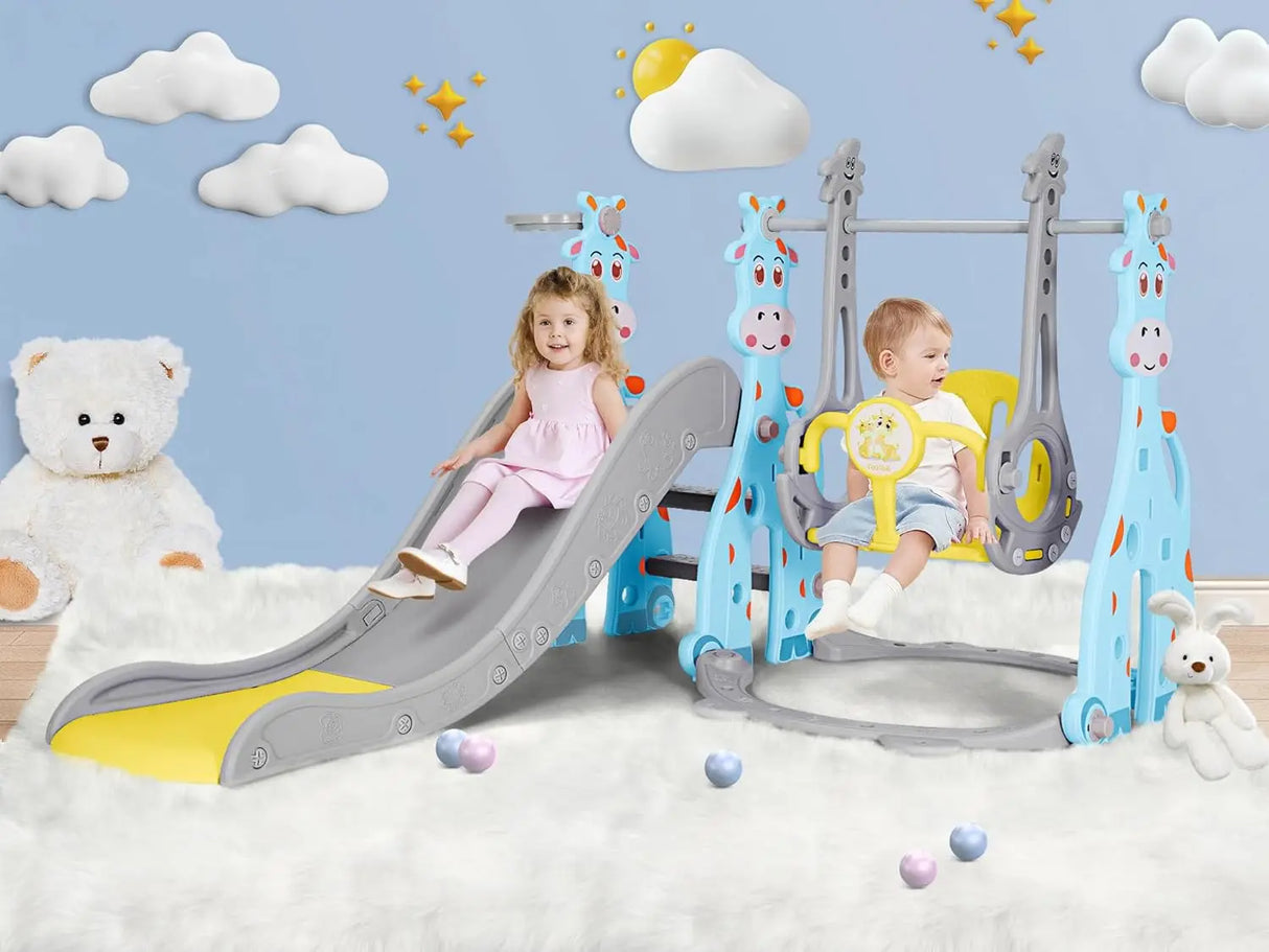 Children playing on a playground set with slides and climbers.