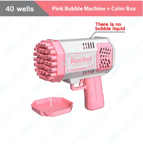 Pink bubble machine with 'Rocket' branding on a white background