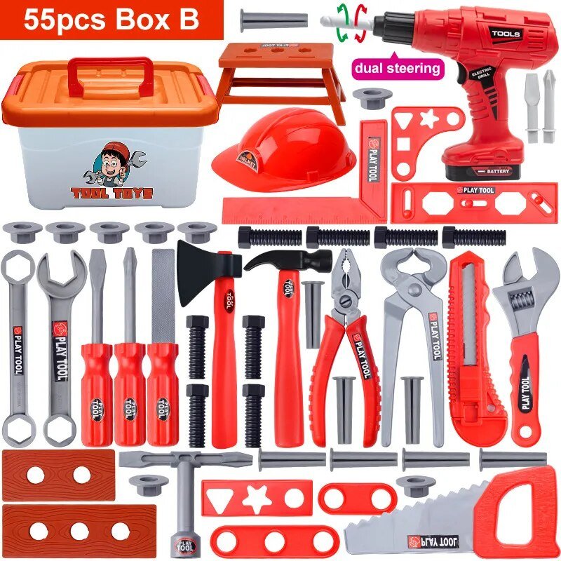 Set of toy tools and accessories with a toolbox labeled '55pcs Box B'.