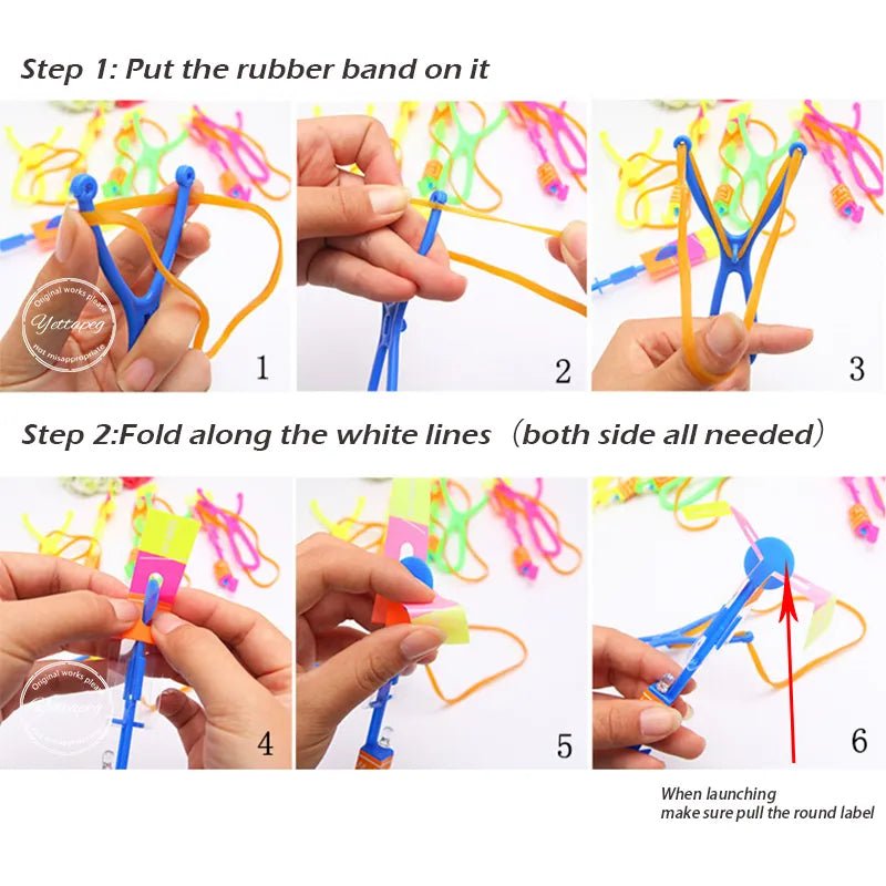 Step-by-step guide on how to use a slingshot with colorful rubber bands.
