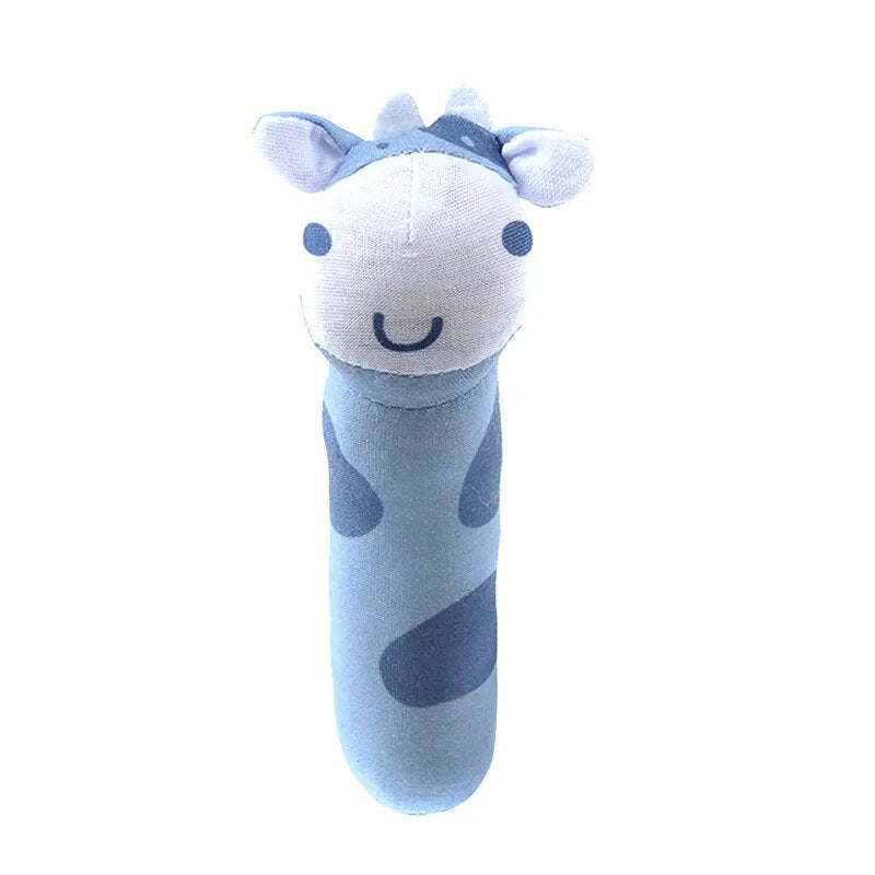 Blue and white plush toy with a happy face on a white background