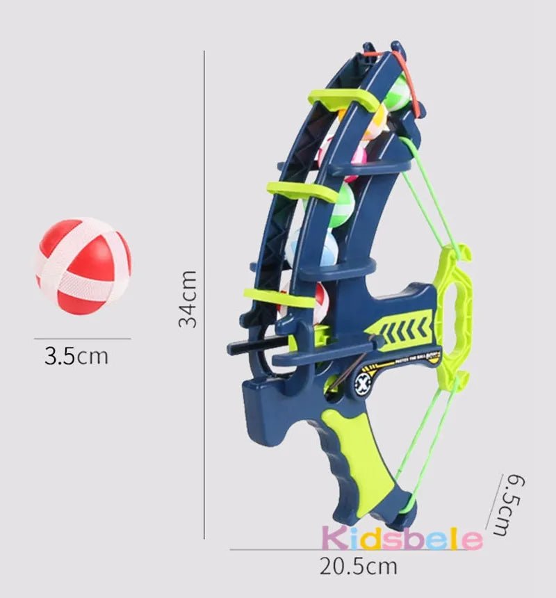 Toy bow and arrow set with measurements on a gray background