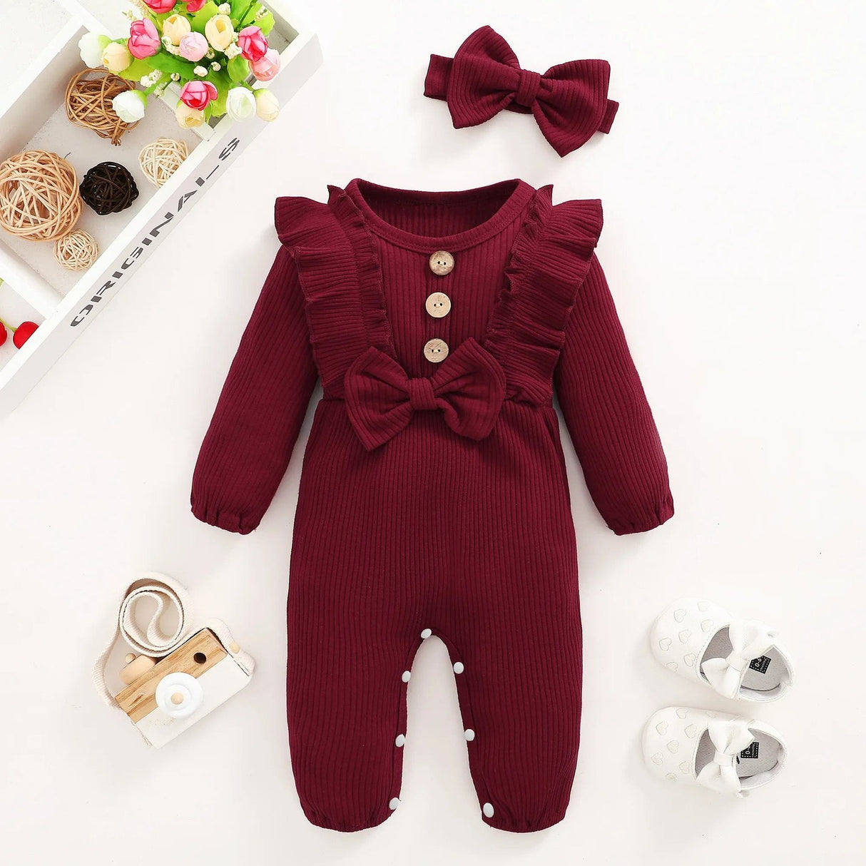 0-3M Baby Girl Outfit: Long-sleeve Romper & Headband Set image 7