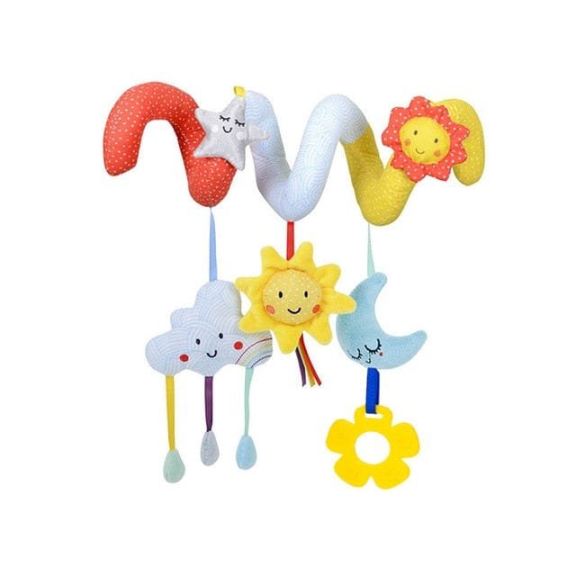 Colorful baby mobile with smiling sun, moon, and cloud toys on a white background