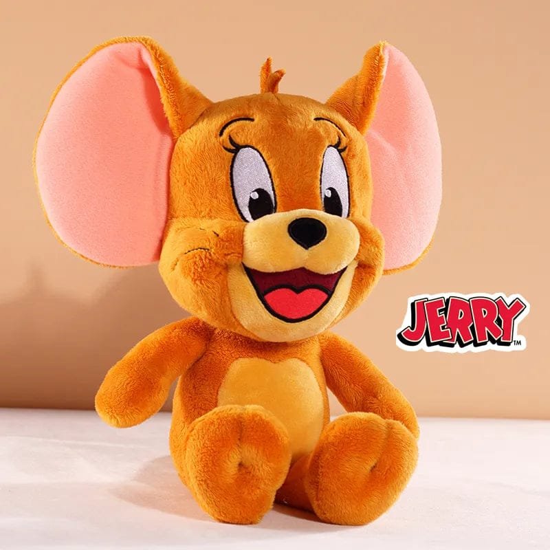Plush toy of a cartoon mouse character with 'Jerry' branding on a beige background
