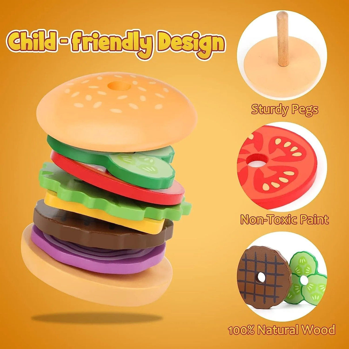 Child-friendly wooden toy hamburger with colorful layers on an orange background