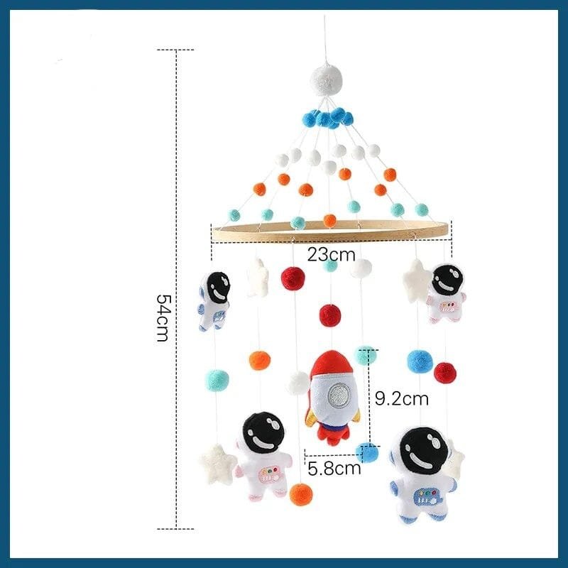Children's mobile with space-themed decorations and measurements on a white background
