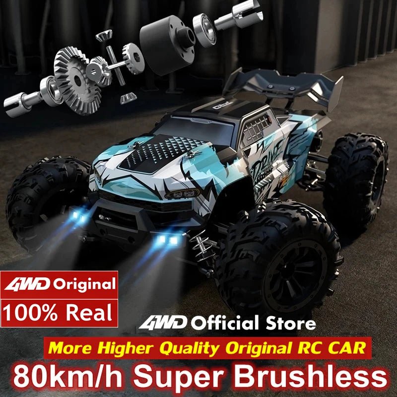 Toy RC car with detailed parts on a dark background, featuring branding and text about speed and quality.