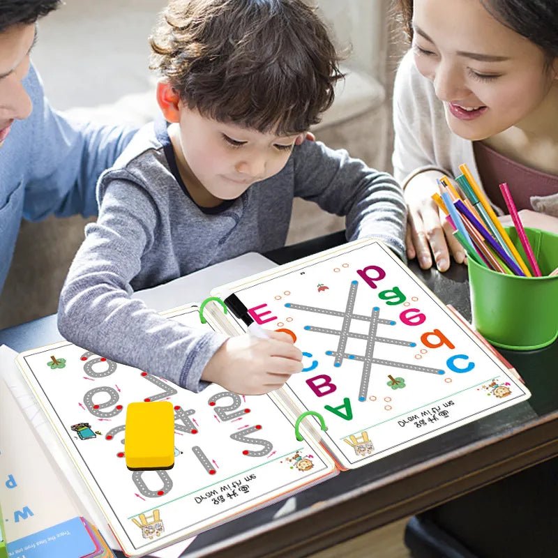 Child learning with educational materials at a table, assisted by two adults.