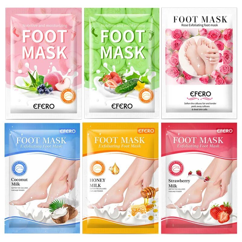 Collection of EFERO foot mask packages with various flavors on a white background
