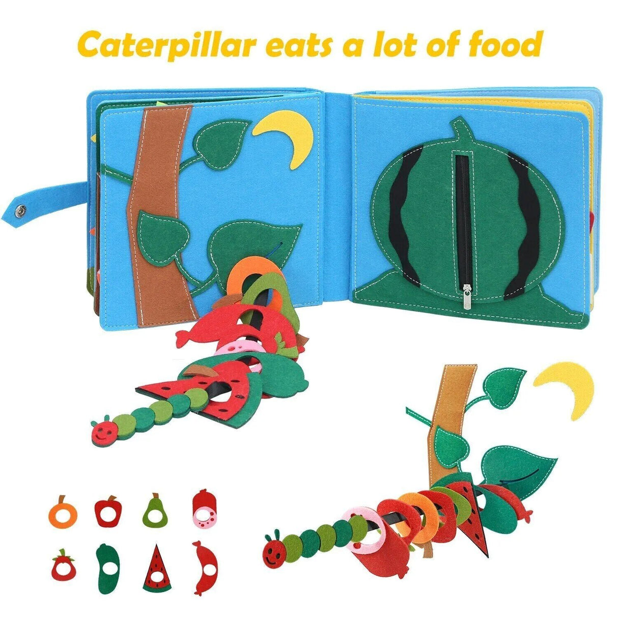 Children's book with a caterpillar and food pieces on a white background