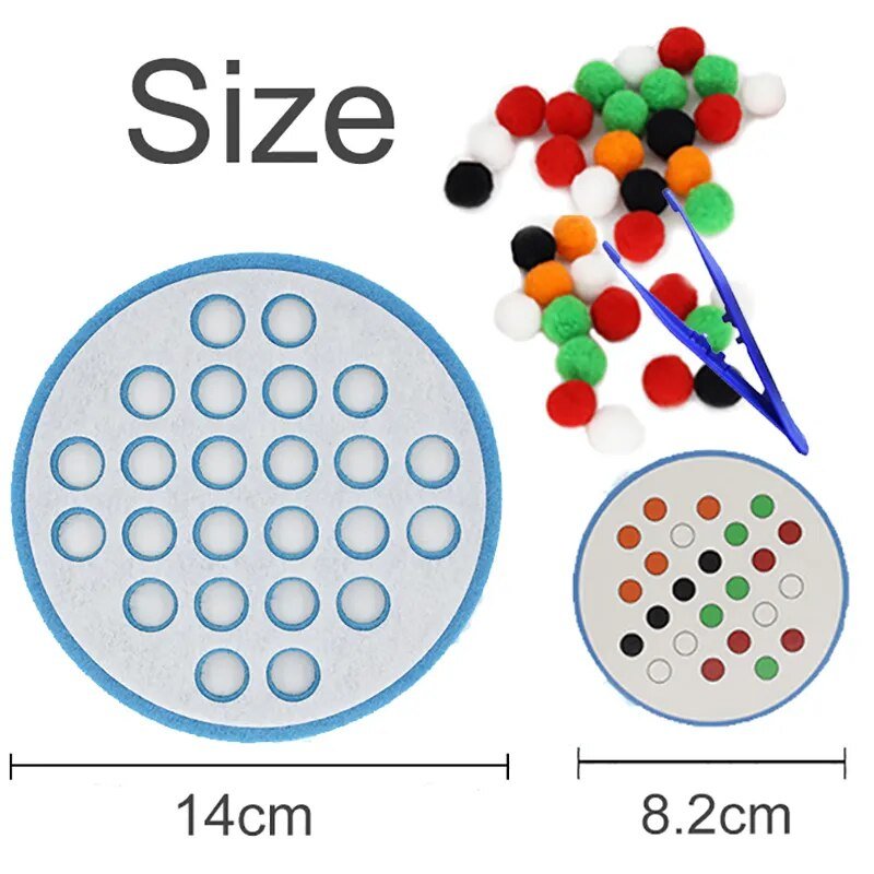 Colorful pom-pom craft set with size measurement labels on a white background