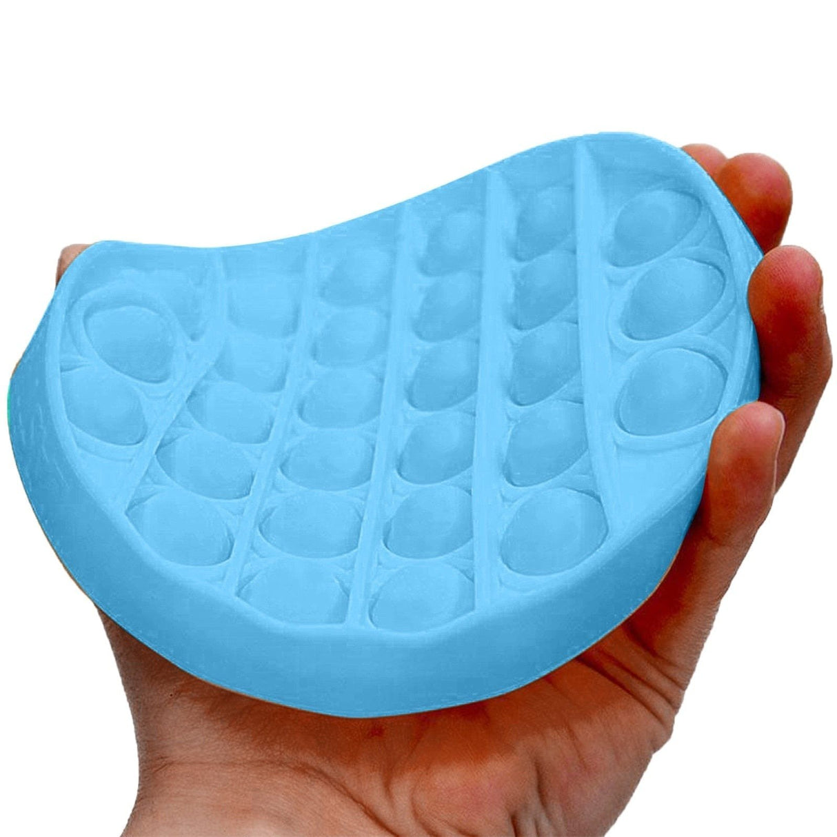 Blue silicone mold with a waffle pattern held in a hand against a white background