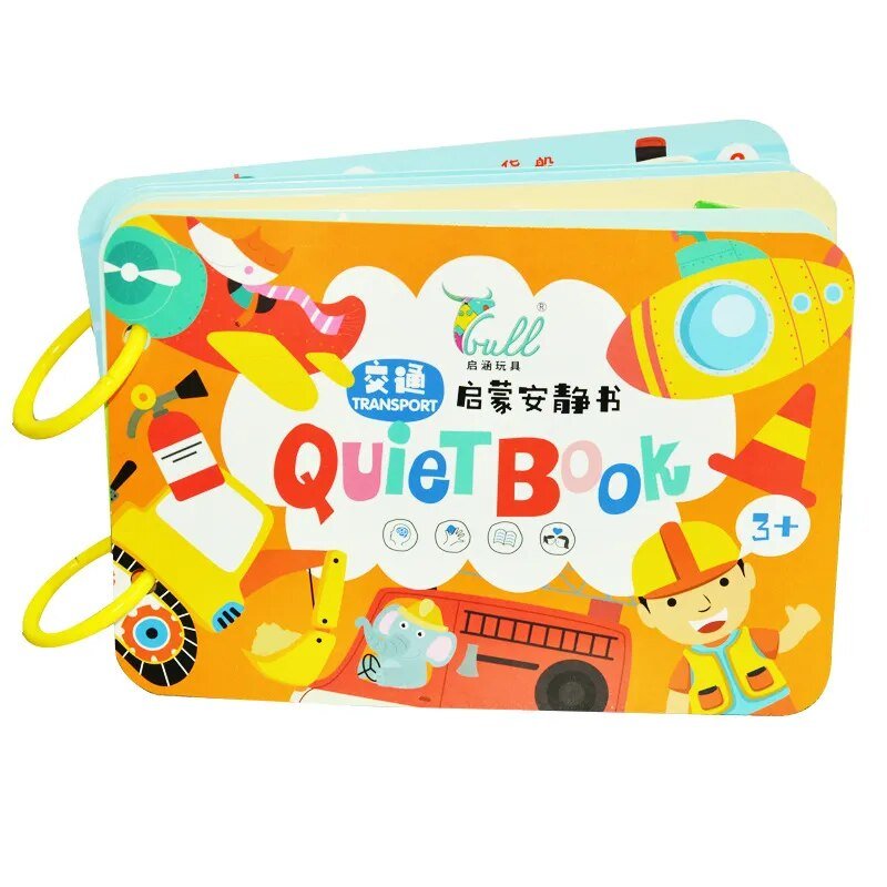 Colorful children's quiet book with transportation-themed illustrations on a white background