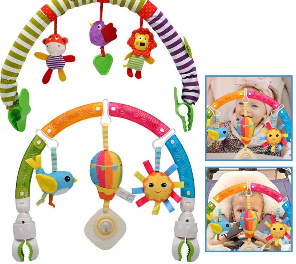Colorful baby crib mobile with hanging toys and a baby using it.