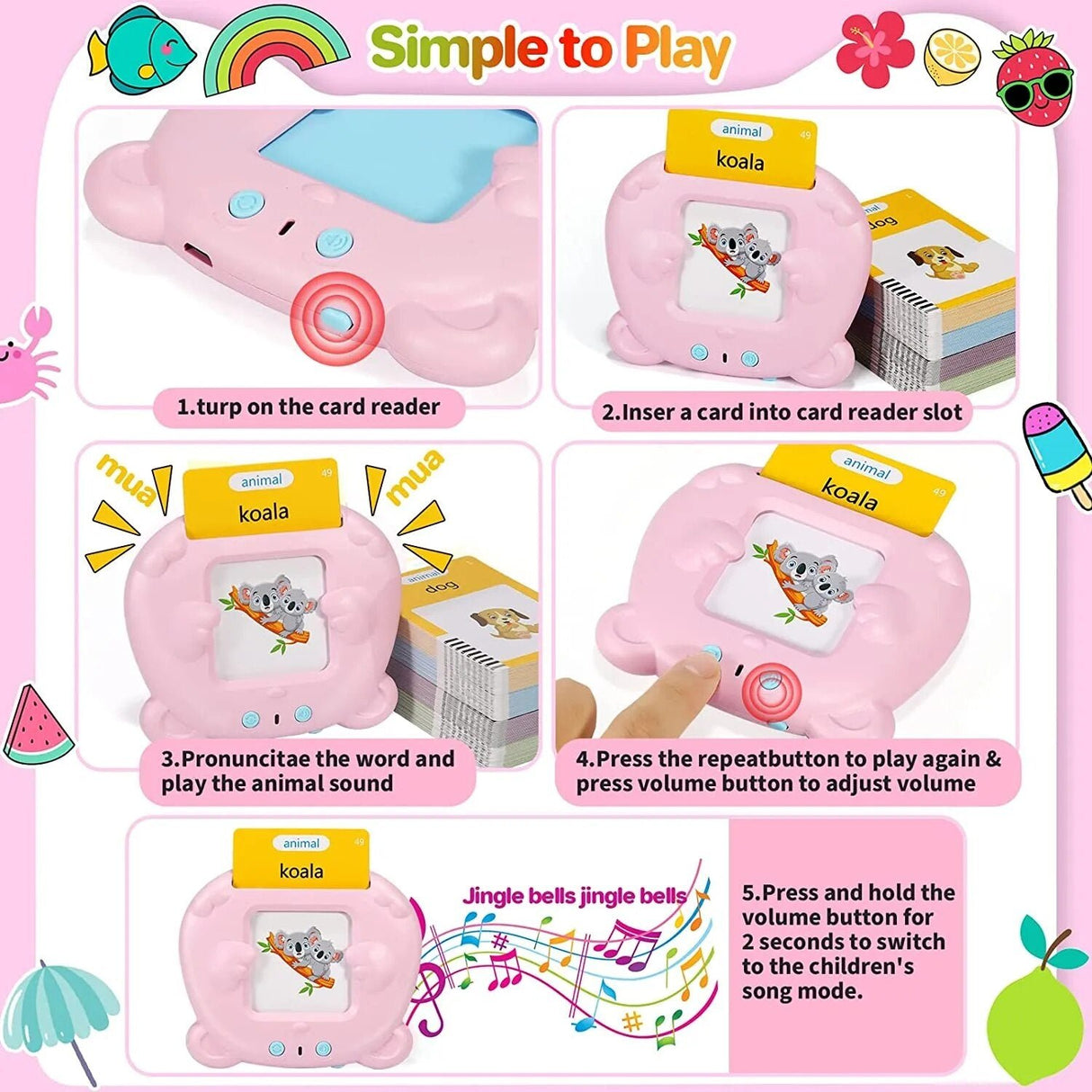 Pink educational toy with instructions on how to use it, featuring a card reader and animal sound buttons.