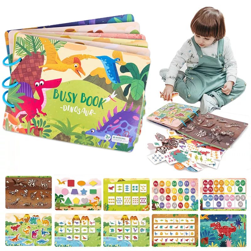 Colorful children's busy book with dinosaur illustrations and a child playing with the book.
