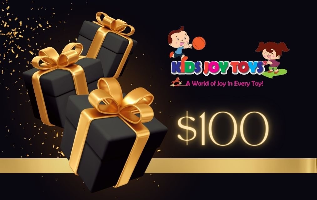 Black gift boxes with gold ribbons and 'Kidi Joy Town' logo on a dark background