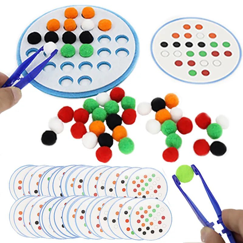 Color sorting game with pom-pom balls and tweezers on a white background