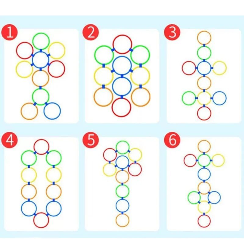 Six stages of a colorful circular pattern on a light blue background