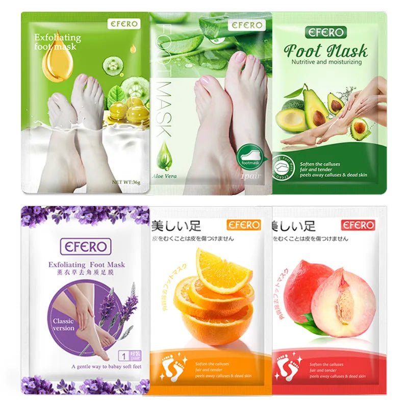Collection of EFERO foot care product packages with images of feet and ingredients.