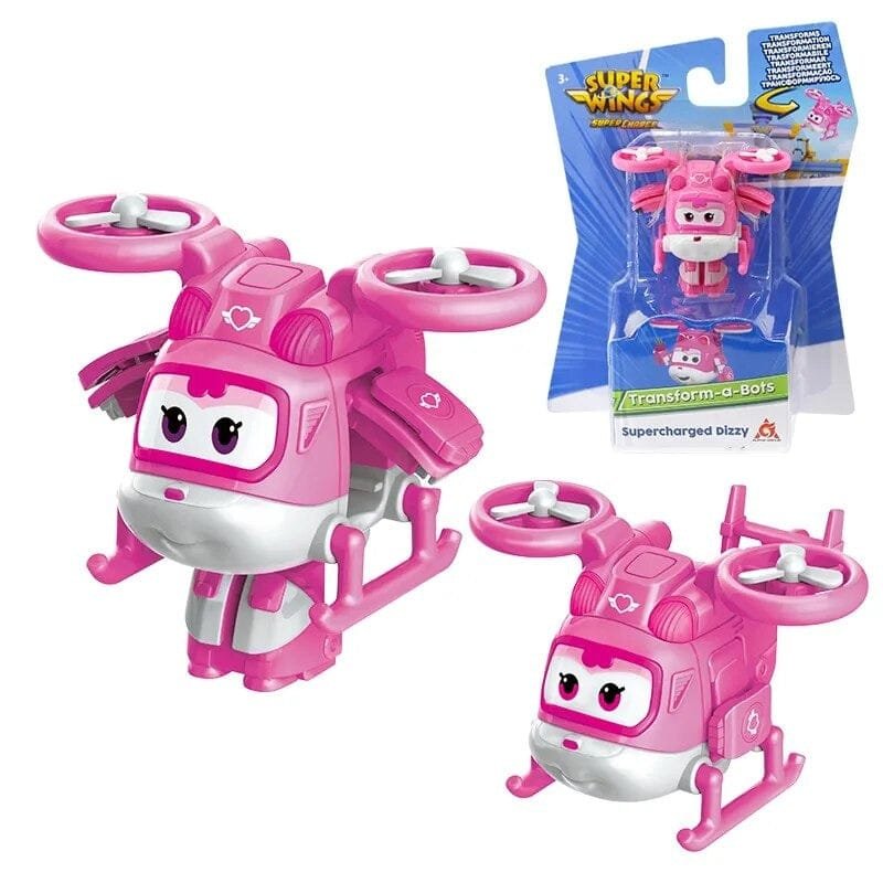 Pink toy helicopter with transparent packaging featuring Super Wings branding.