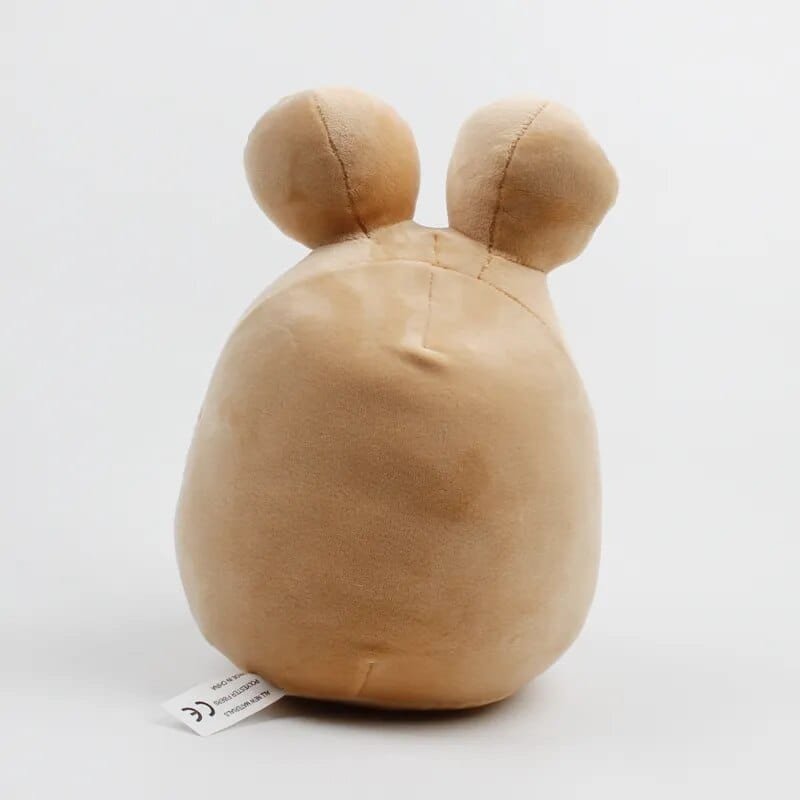 Beige plush toy with round body and small ears on a white background