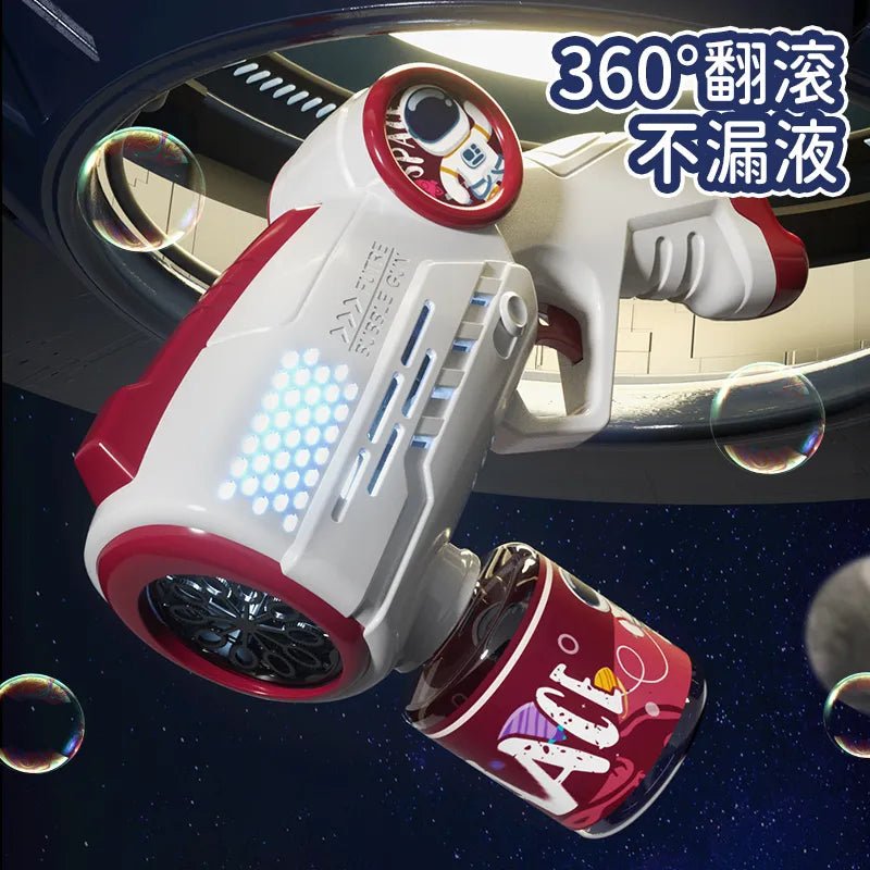 Red and white bubble gun with a can of bubble solution against a space-themed background