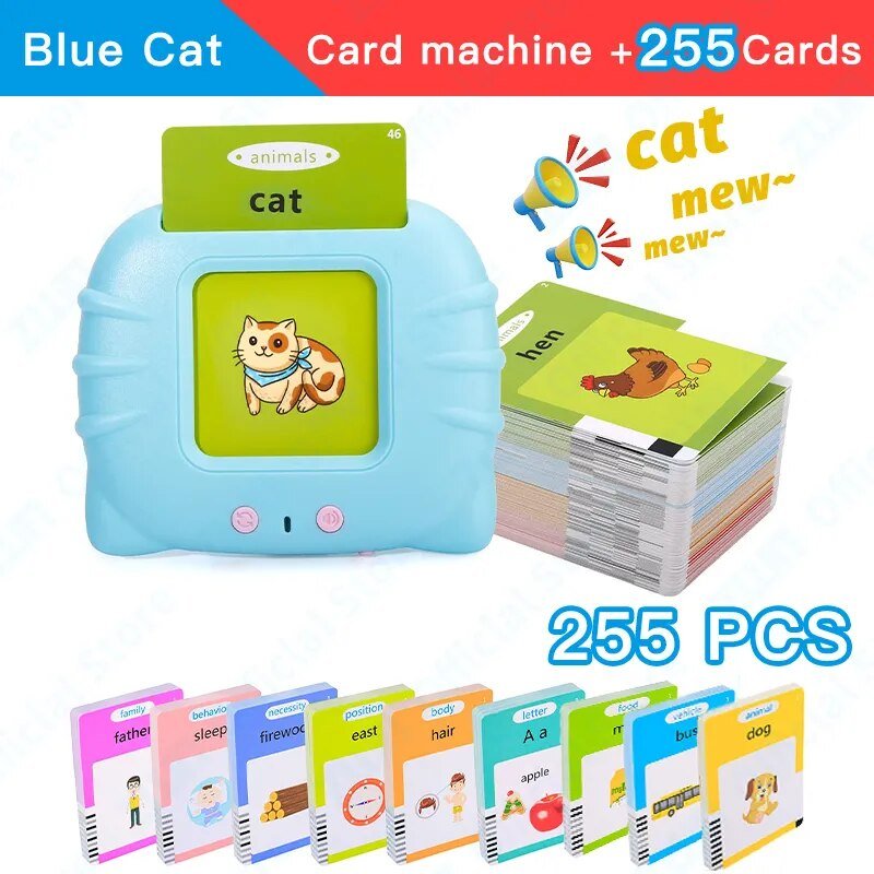 Blue cat card machine with educational cards on a white background