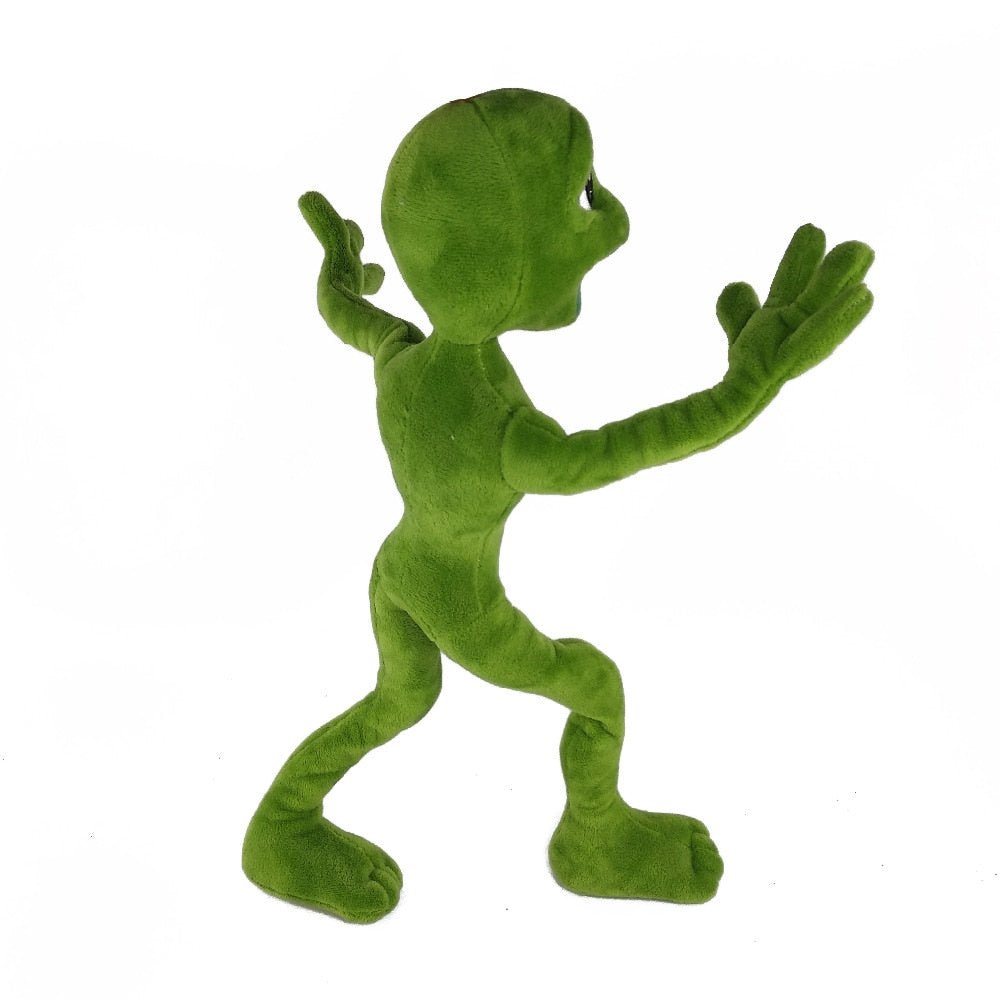 Green plush toy with a dancing pose on a white background