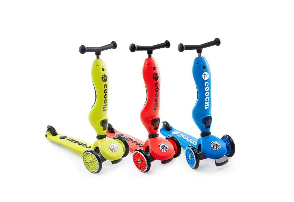 Three colorful scooters with COOCHI branding on a white background