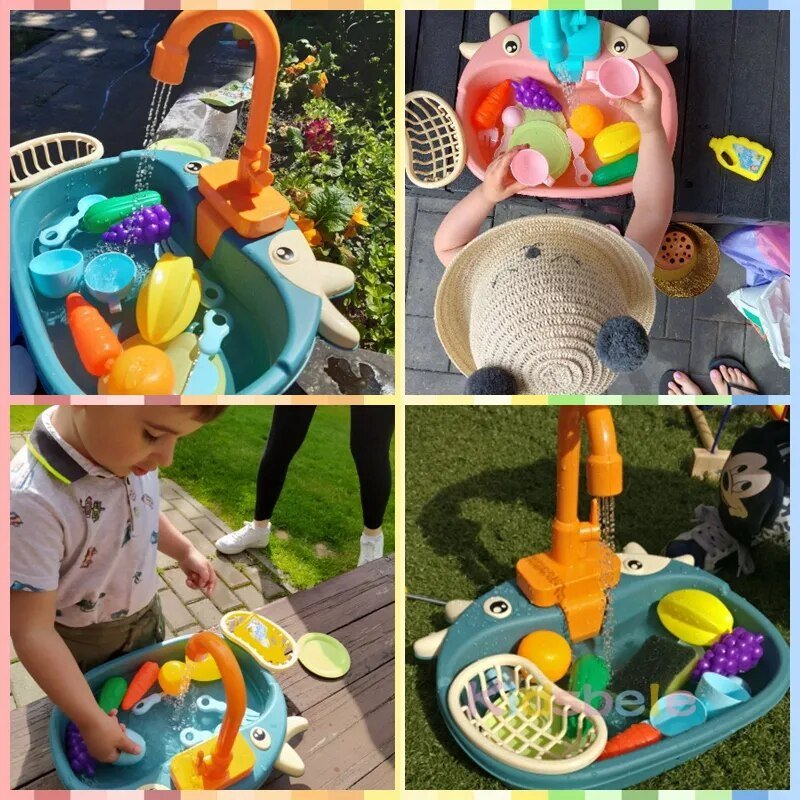 Collage of a child playing with a toy water sink set outdoors.