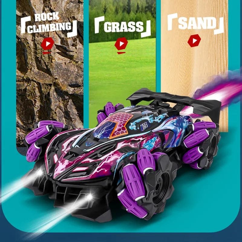 Toy car with purple wheels on a teal background with text indicating different terrains.