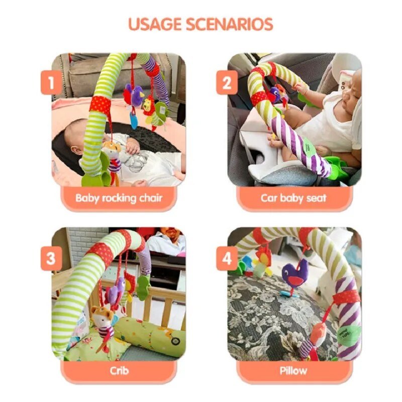 Usage scenarios of a baby activity center with images of a baby in various settings.