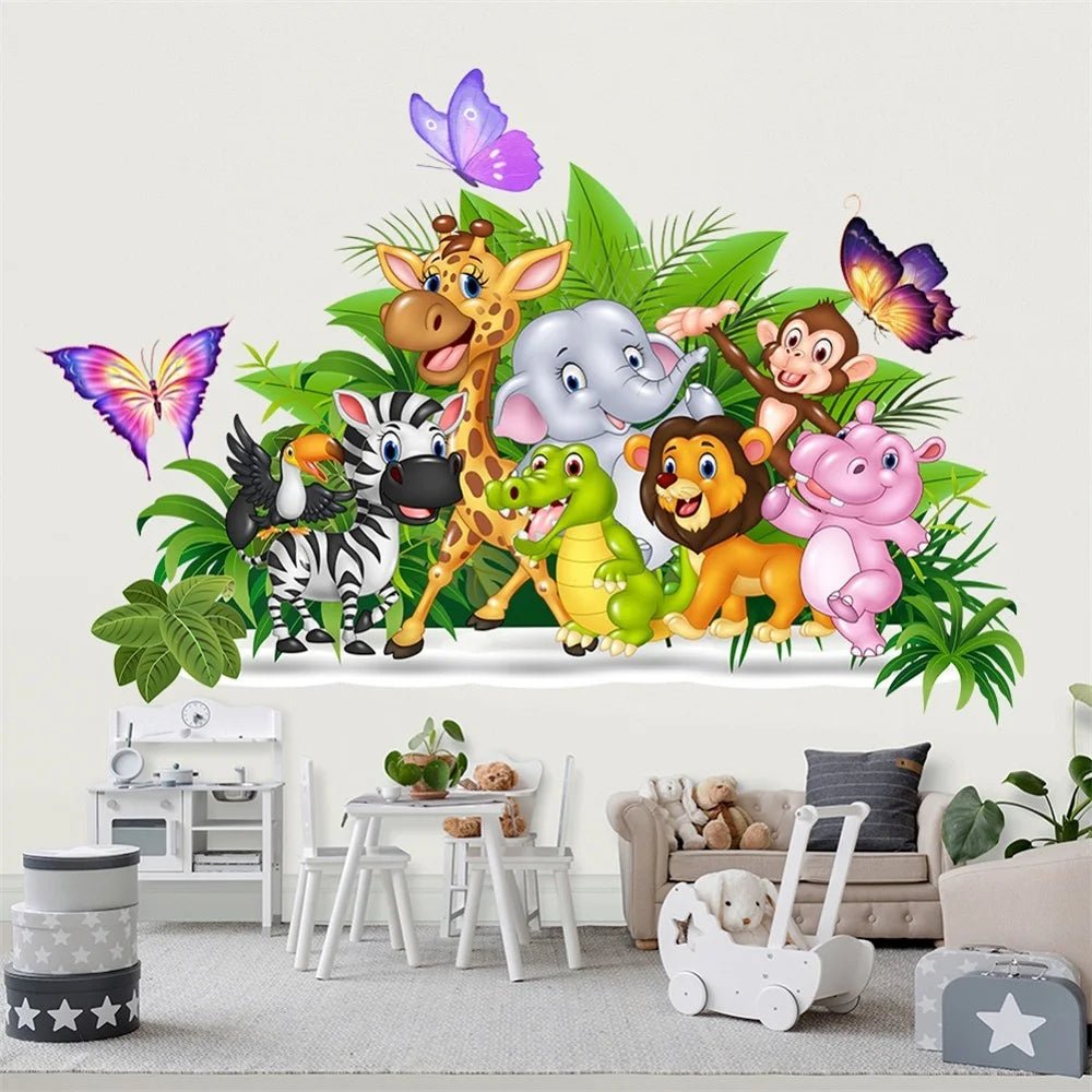 Cartoon animals and butterflies wall mural in a child's room.