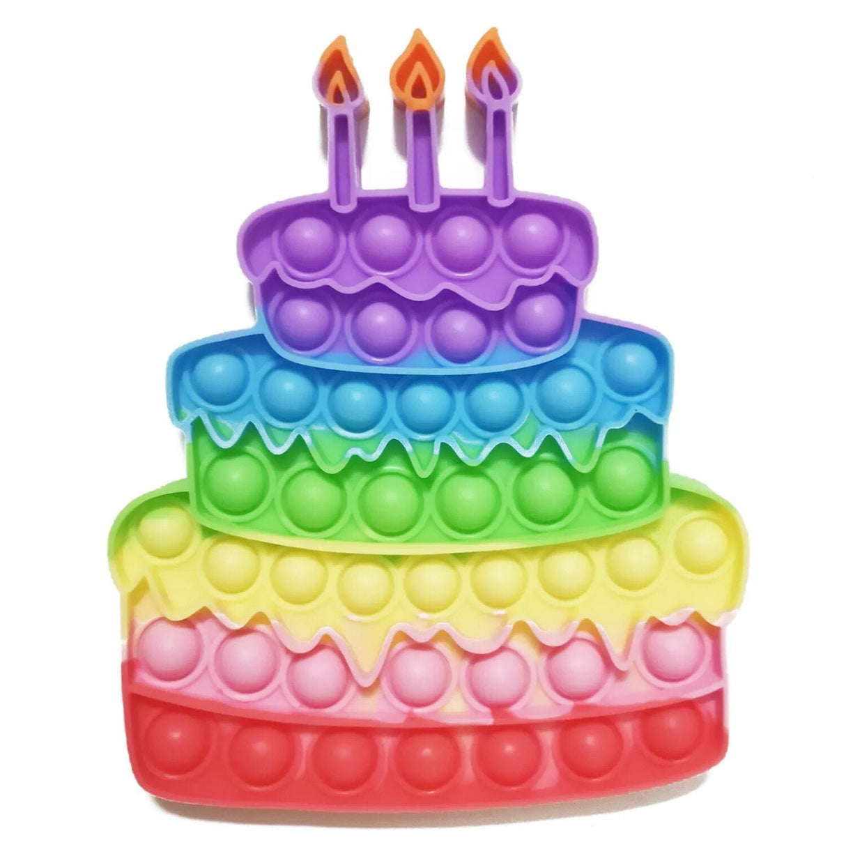 Colorful pop-it toy shaped like a birthday cake with bubble pop bubbles and purple candles.