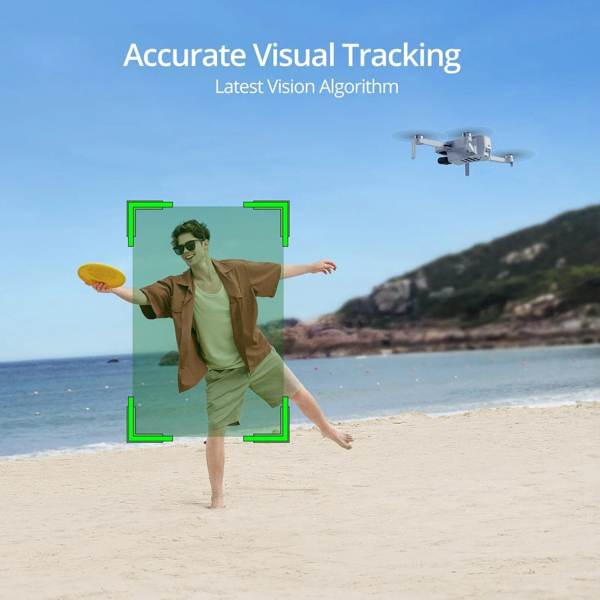 Person playing with a frisbee on a beach, with a drone and visual tracking overlay.