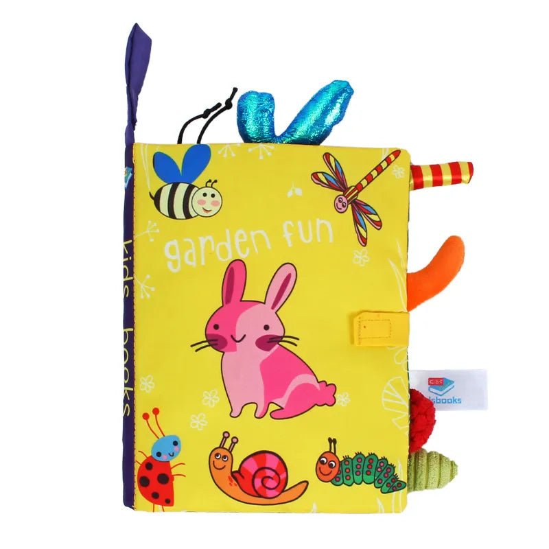 Colorful children's soft book with animal illustrations on a white background