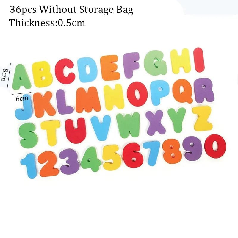 Colorful letters and numbers on a white background with text indicating quantity and thickness.