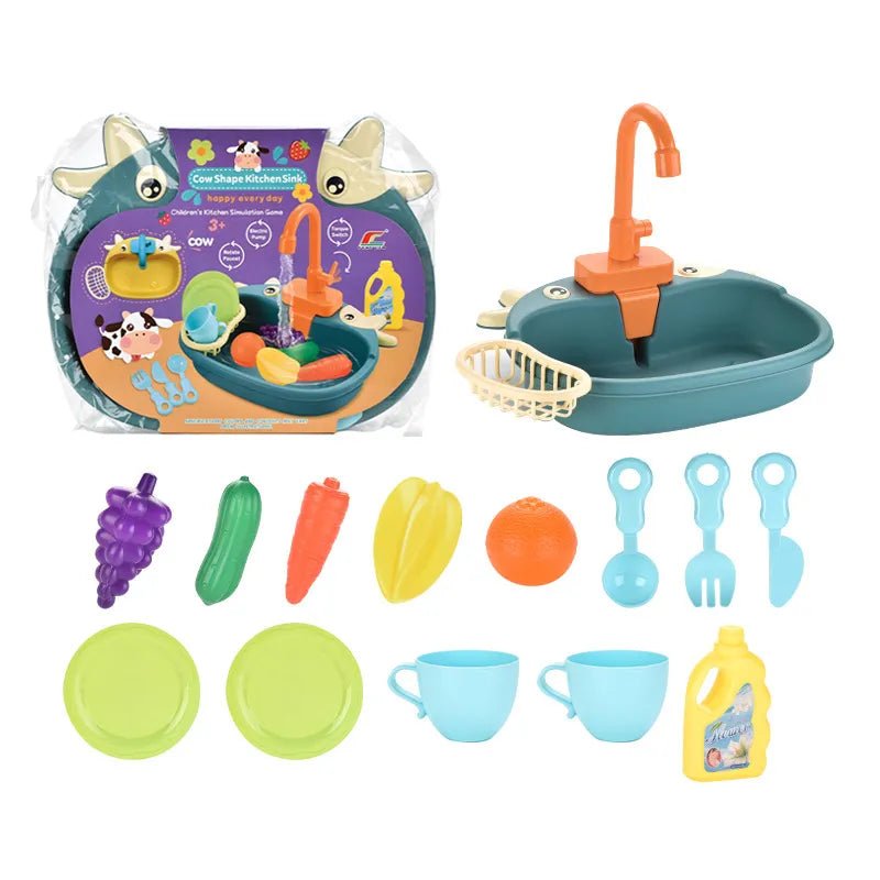 Children's toy kitchen set with sink, utensils, and food items on a white background