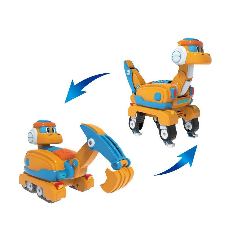 Toy dinosaur transforming into an excavator with blue arrows indicating the transformation.