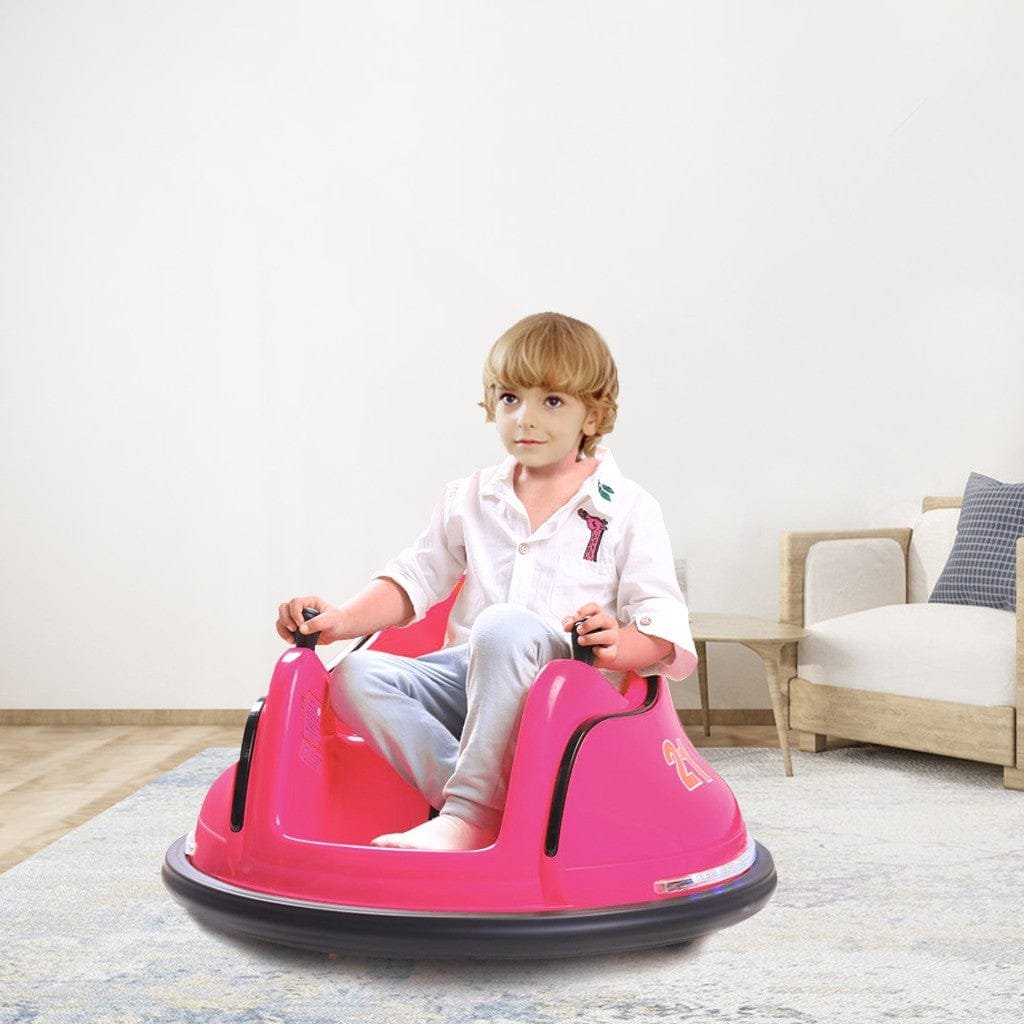Child playing with a pink bumper car in a living room.