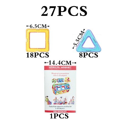 Set of colorful magnetic shapes with packaging on a white background