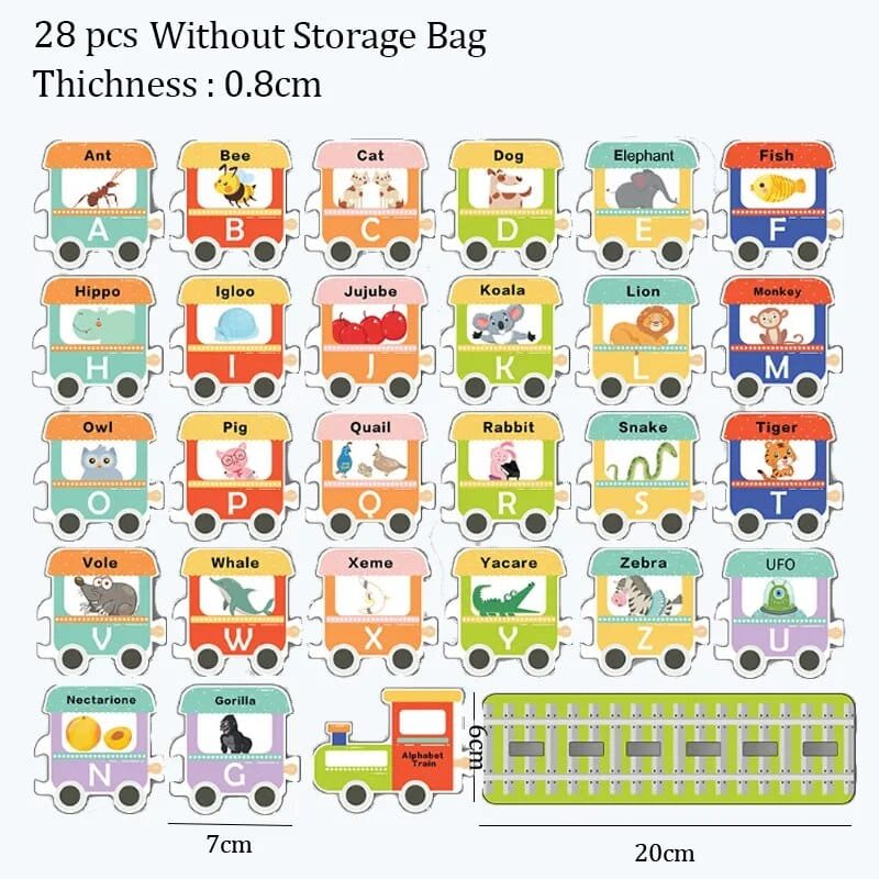 Educational train-themed puzzle with animals and letters on a white background