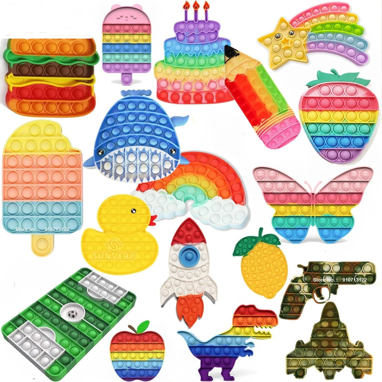 Collection of colorful pop-it fidget toys in various shapes and designs.