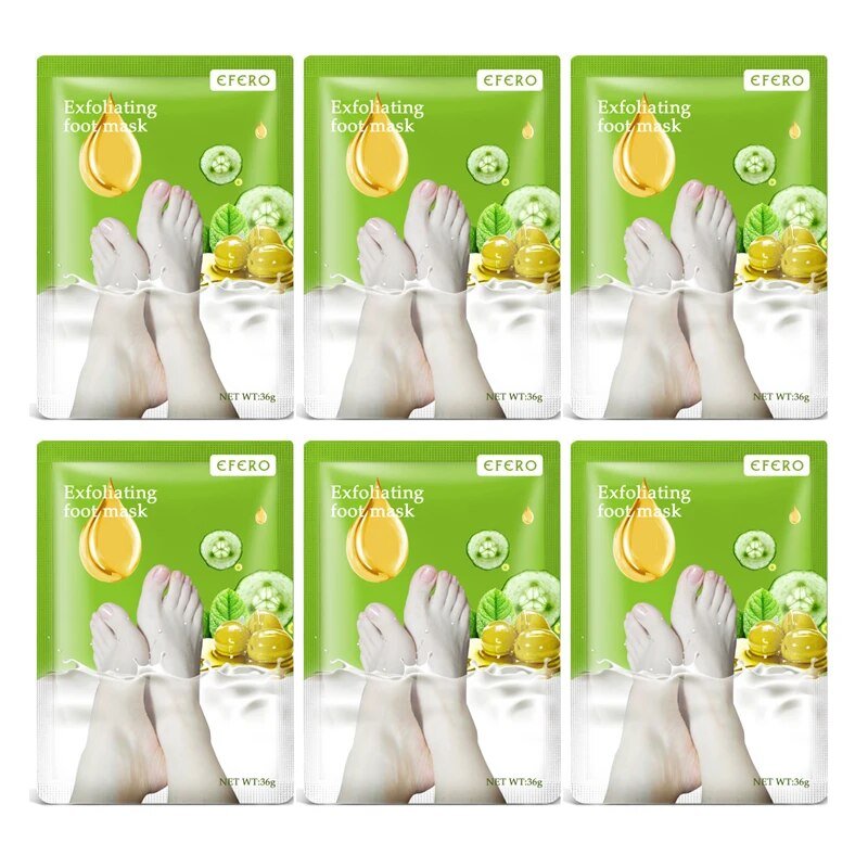 Six packages of CFCRO exfoliating foot mask with green packaging and images of feet.