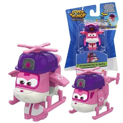 Pink and purple toy helicopter with transformable feature, including packaging.