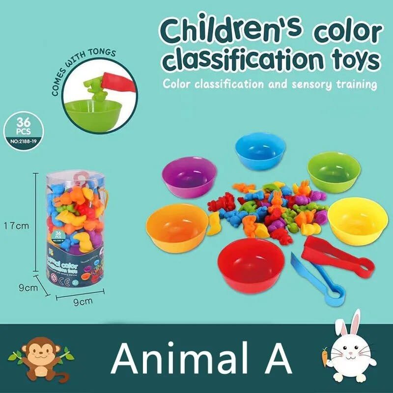 Children's color classification toys with bowls and colorful items on a blue background