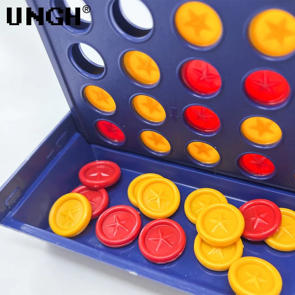 Board game with red and yellow discs on a blue board, featuring the brand 'UNGH'.
