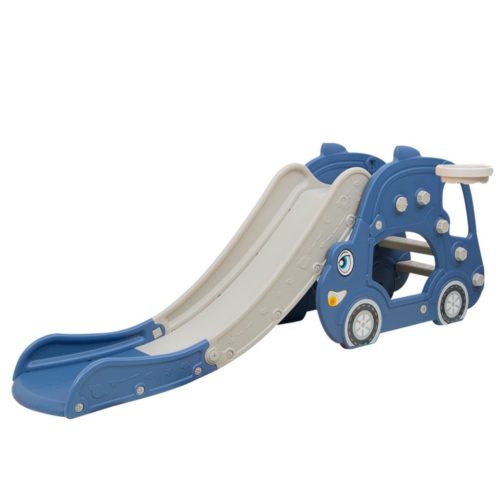 Children's slide designed like a blue car on a white background